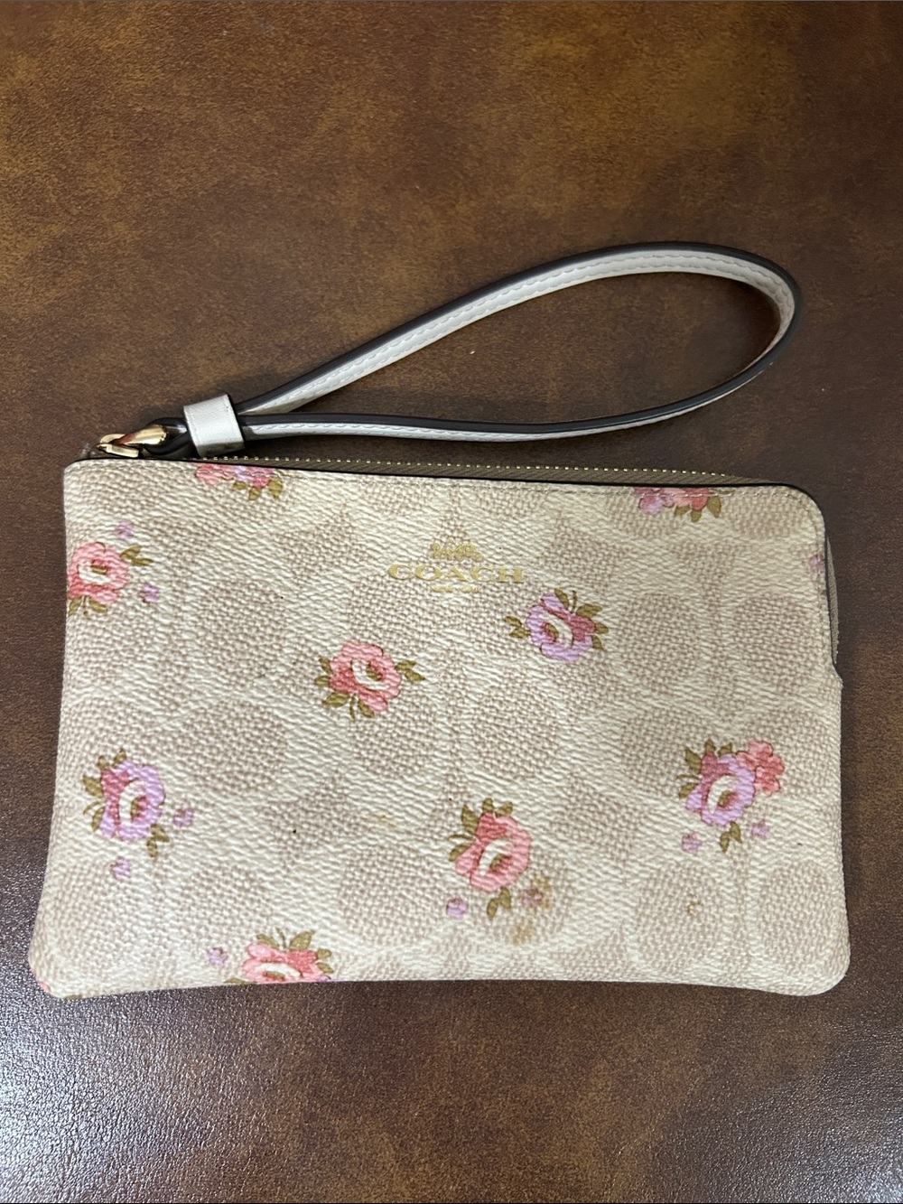 Coach Beige Signature Canvas Wristlet with Pink Floral Print